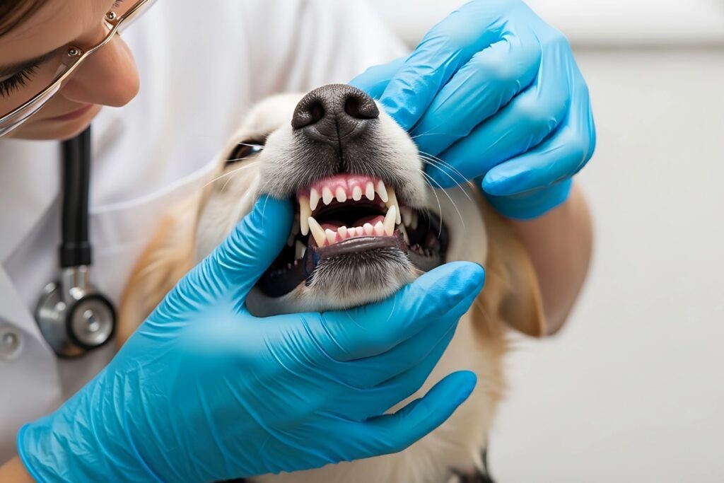 Sialoadenectomy, vet examining dog's mouth